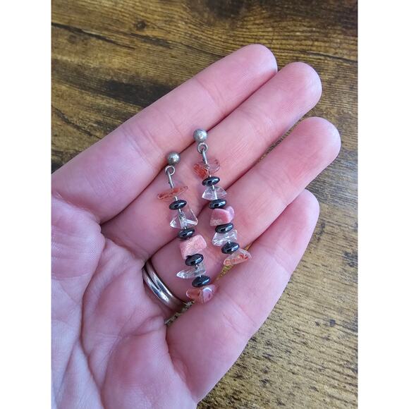 Vintage 1990s Stacked Stone Dangle Earrings Silver Pink White - Picture 3 of 3